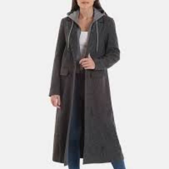 Brand New Women's Avec Les Filles Gray Overcoat Jacket With Removable Hood - Picture 1 of 16